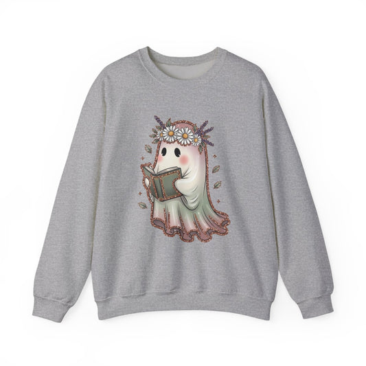 Cute Ghost Reading a Book with Flower Crown Graphic Sweatshirt - MagicMerchEmporium