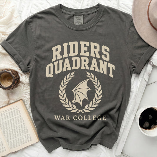 Dark grey t-shirt with "Riders Quadrant War College" text and a winged emblem.