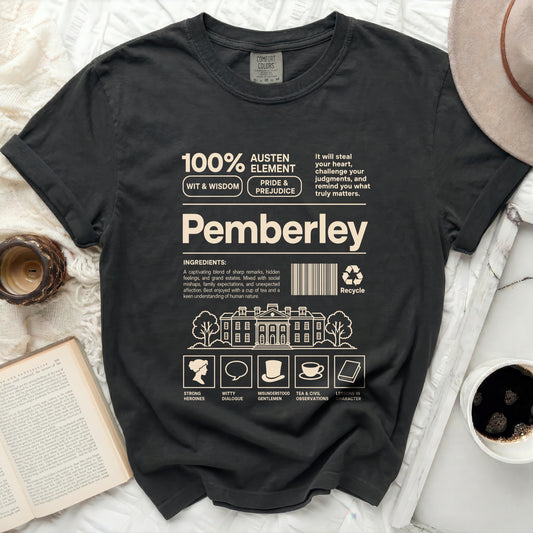 Black t-shirt with "Pemberley" and Austen Element ingredients list.