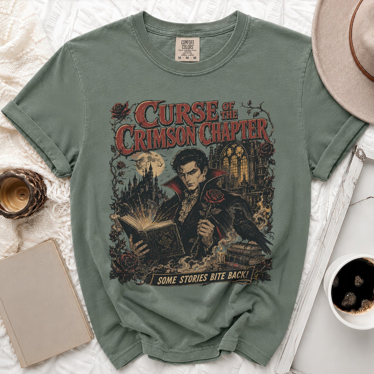 Green t-shirt with "Curse of the Crimson Chapter" gothic design and vampire.