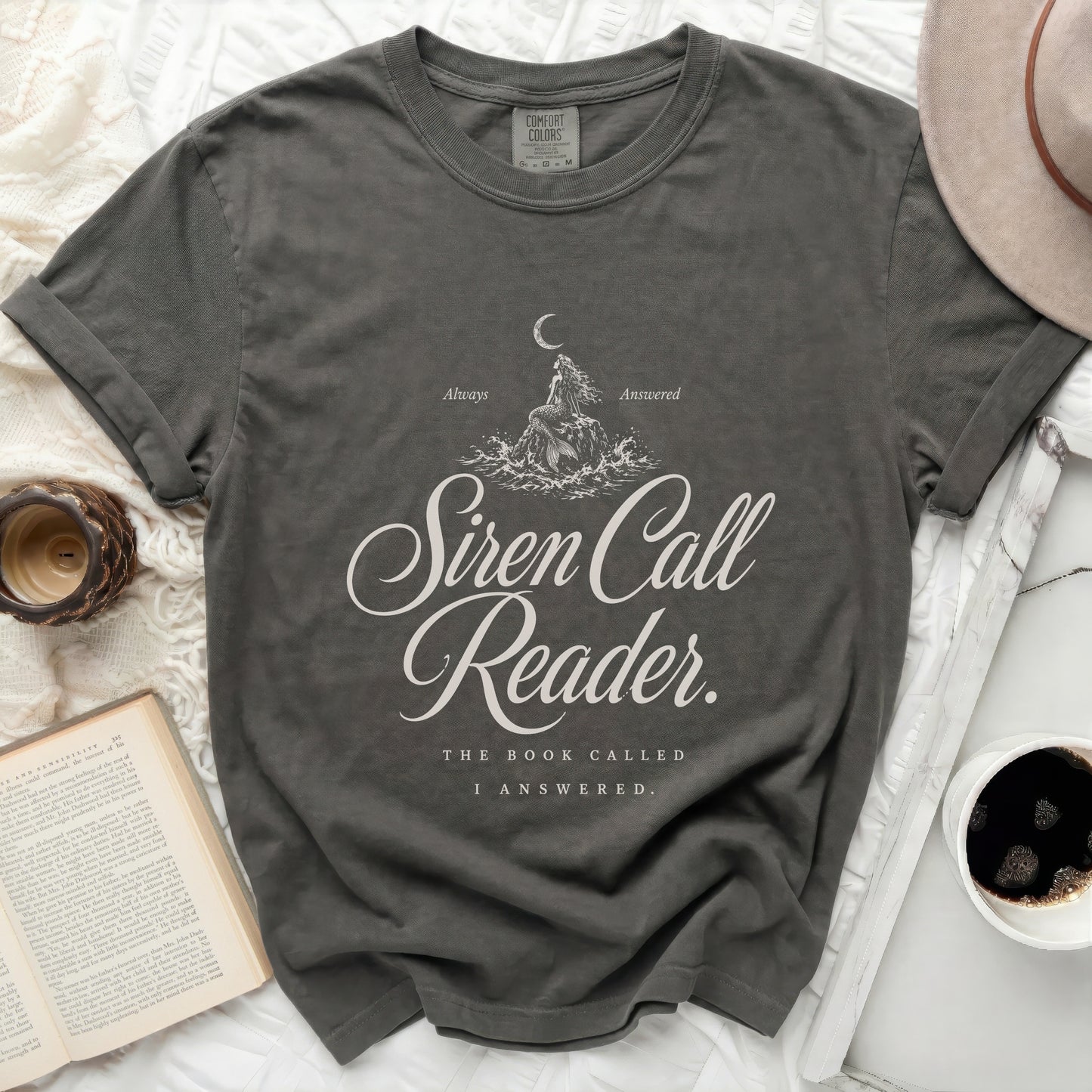 Dark gray t-shirt with "Siren Call Reader" text and a wave graphic.