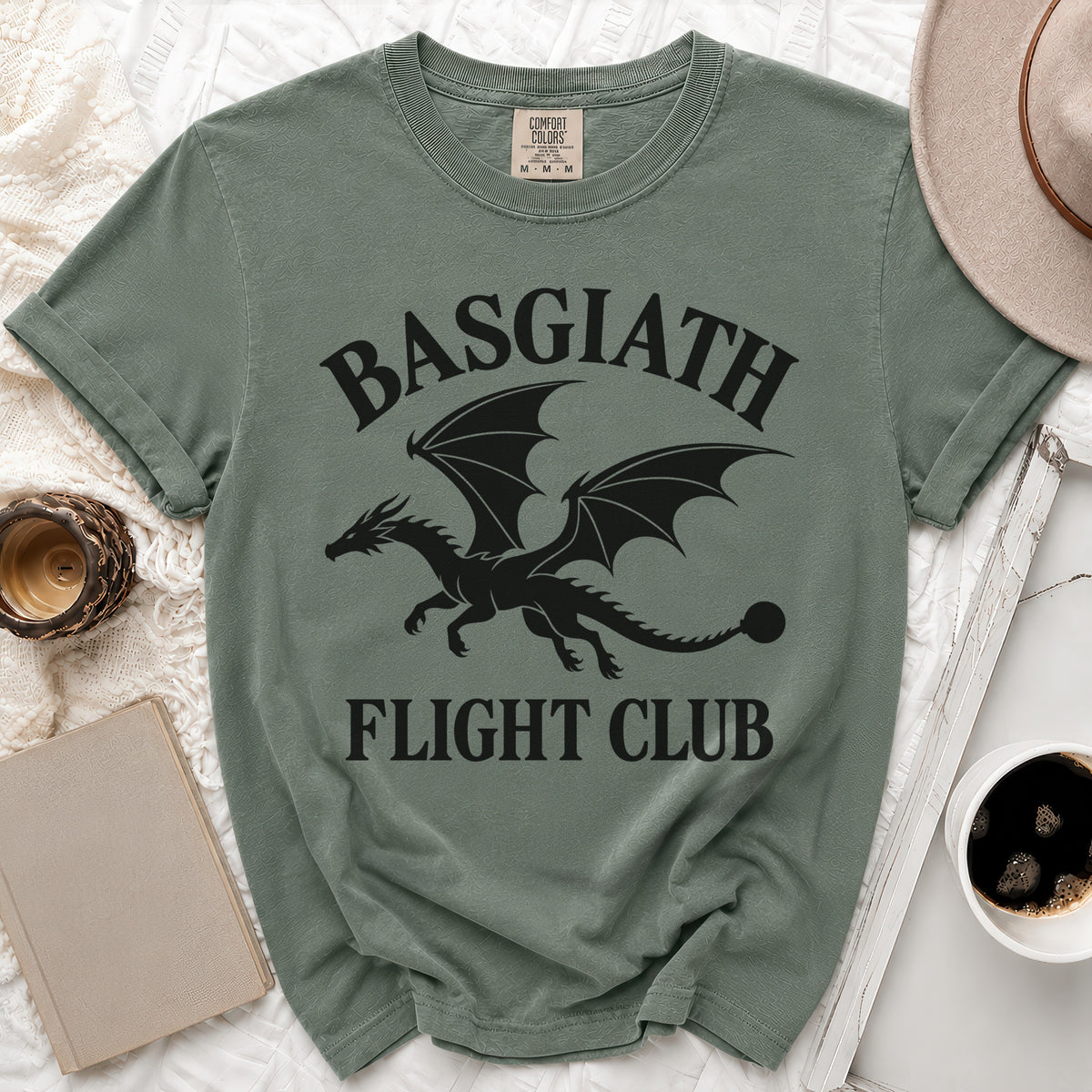 Sage green t-shirt with black dragon graphic and "Basgiath Flight Club" text.