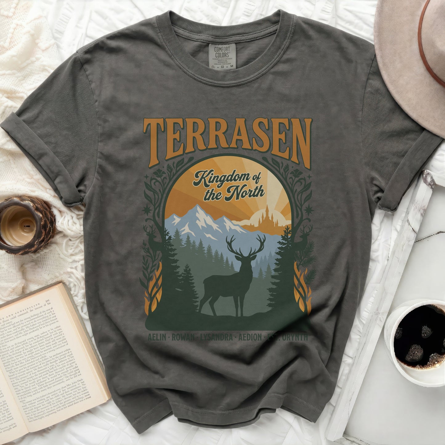 Terrasen Kingdom of the North graphic tee with deer and mountains.