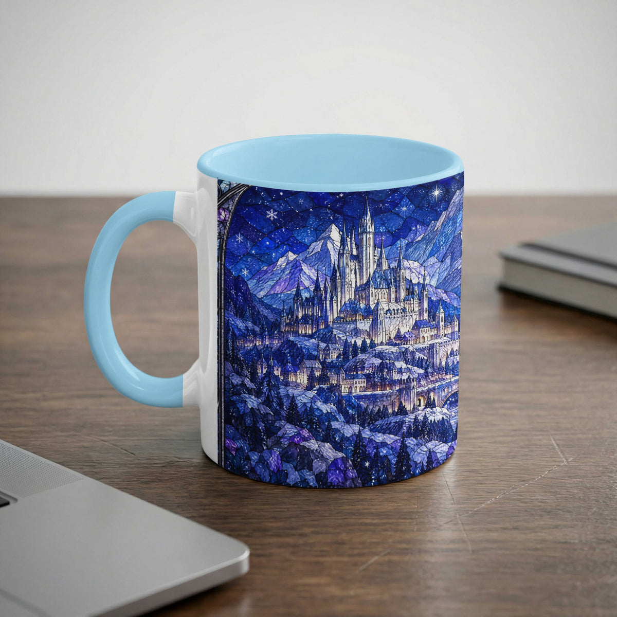 White ceramic mug with light blue handle and rim, featuring a blue stained-glass style fantasy castle illustration.