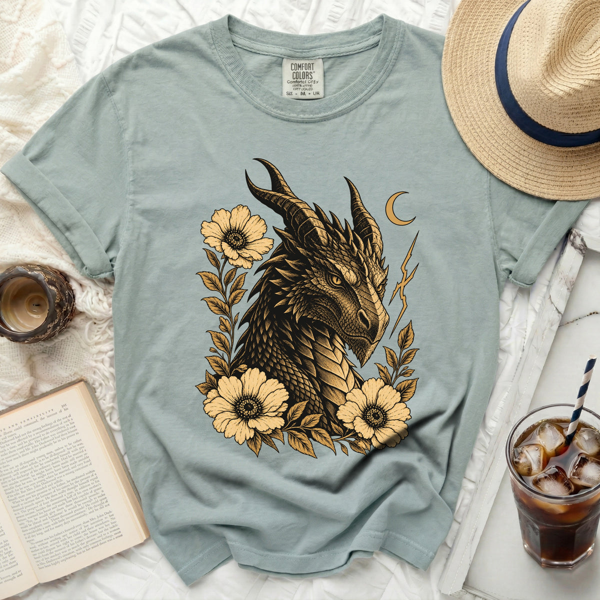 Pale blue t-shirt with dragon and floral graphic, Comfort Colors brand.