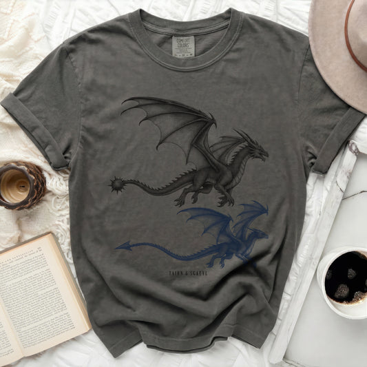 Dark grey t-shirt with two dragon designs and text "TAIRN & SGAEYL".