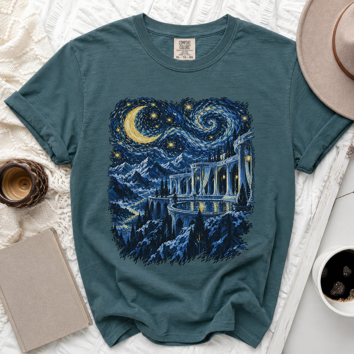 Teal t-shirt with "Starry Night" inspired fantasy castle and celestial art print.