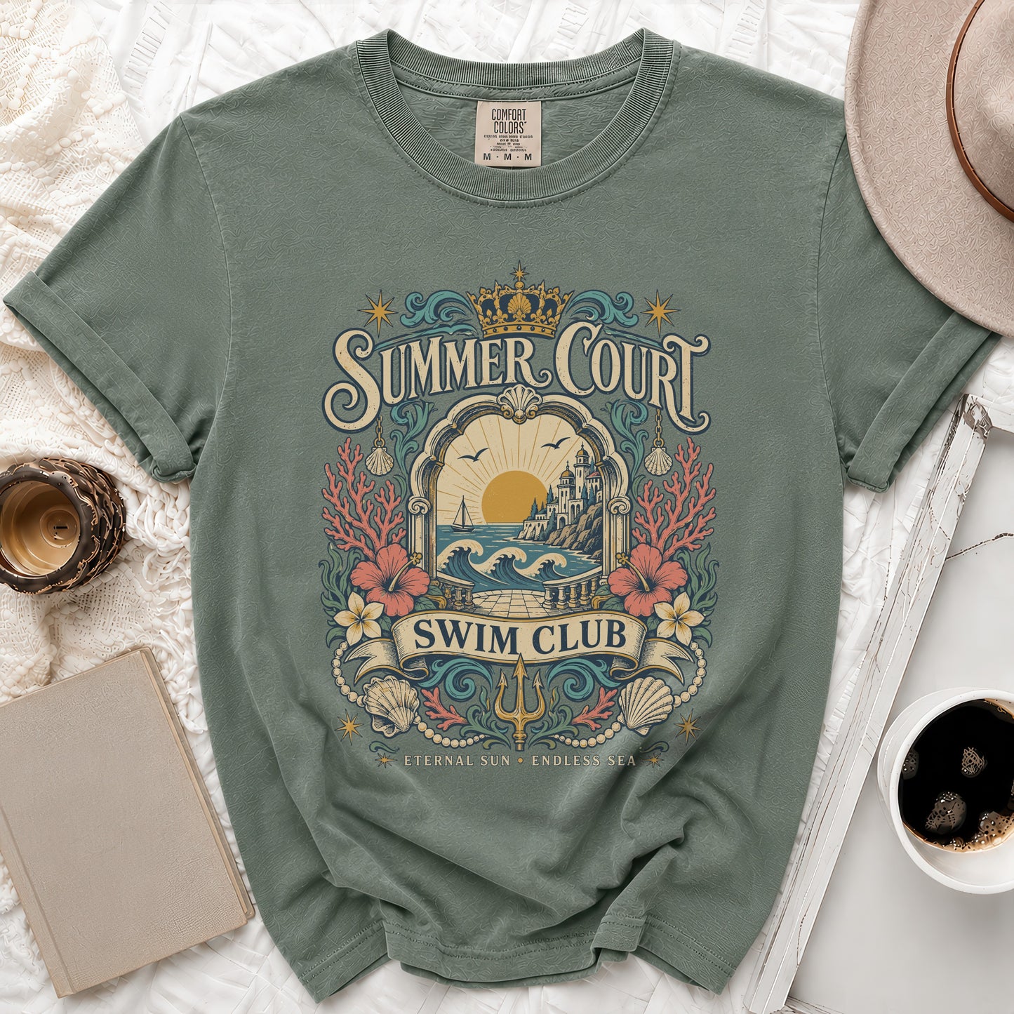 Green t-shirt with "Summer Court Swim Club" and "Eternal Sun Endless Sea" text.
