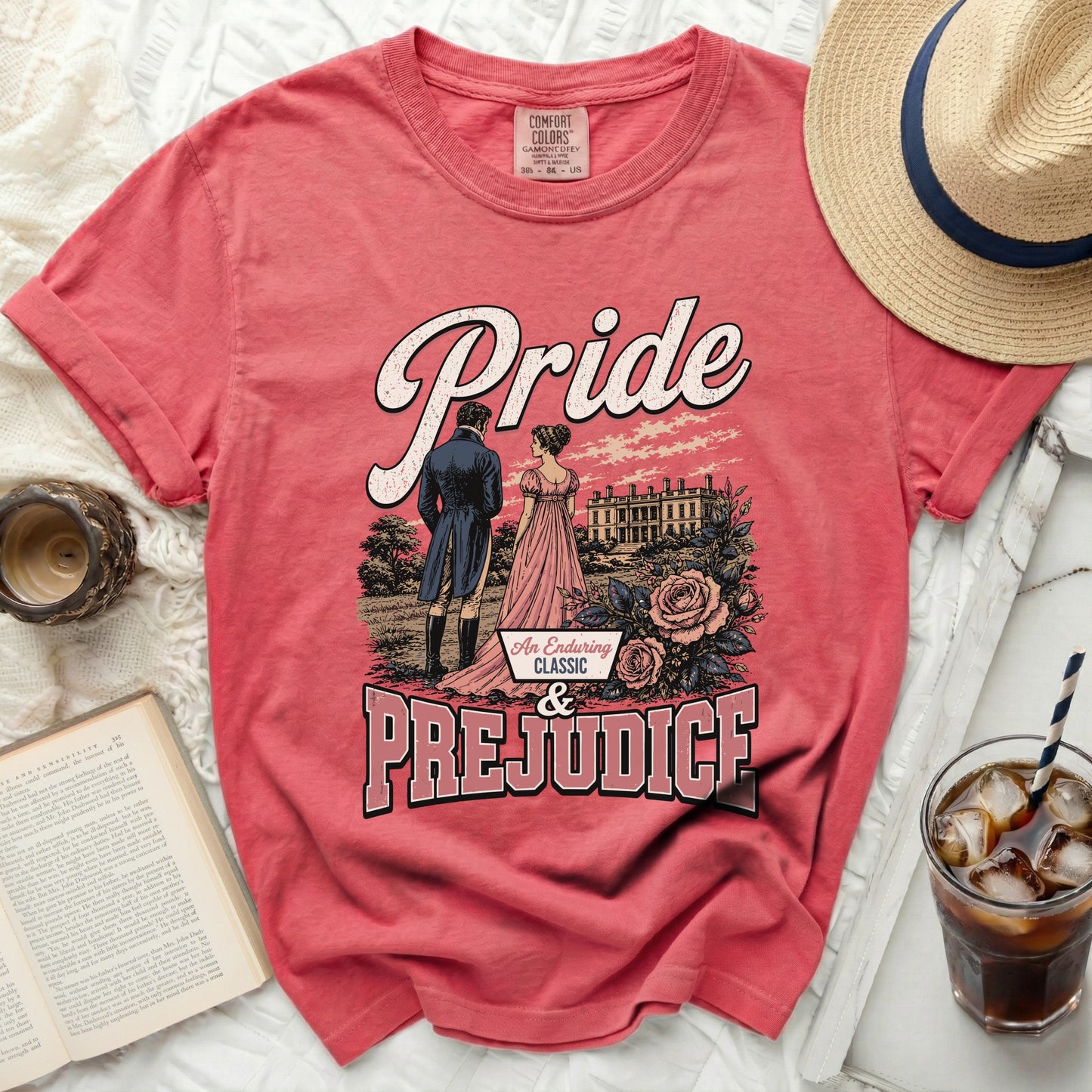Pride and Prejudice graphic tee with Victorian couple.