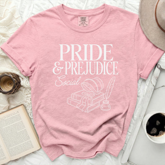 Pink t-shirt with "Pride & Prejudice Social" text and vintage book illustration.