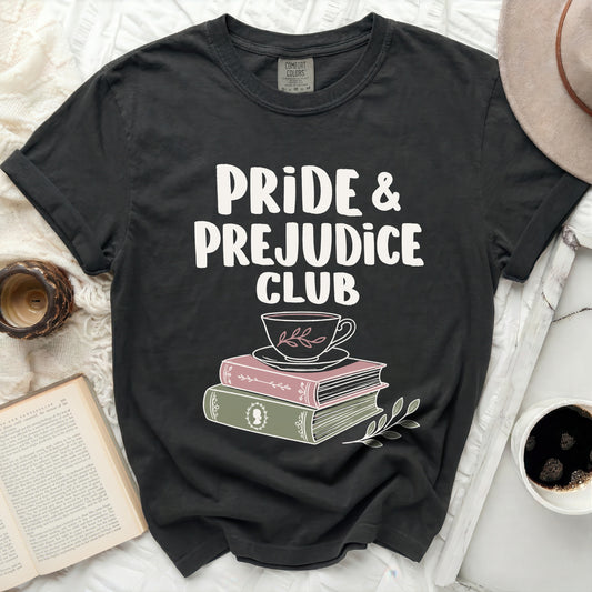 Black t-shirt with "Pride & Prejudice Club" and books graphic
