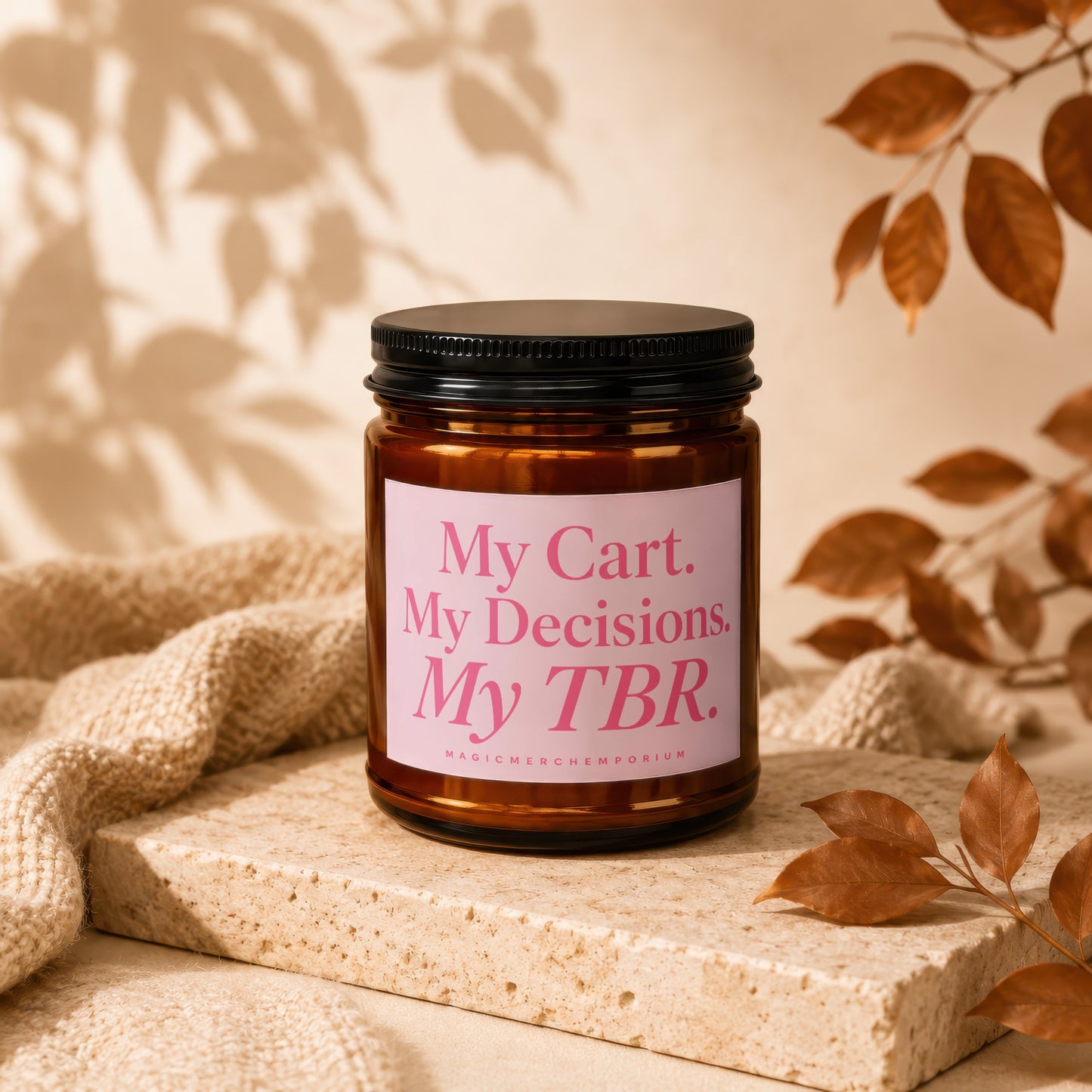 Amber candle with pink label reading "My Cart. My Decisions. My TBR."
