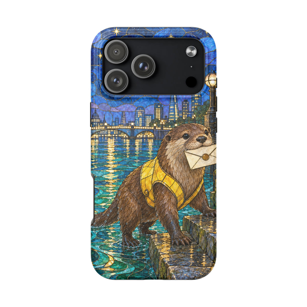 A smartphone case featuring a mosaic art design of an otter holding a letter by a city river at night.