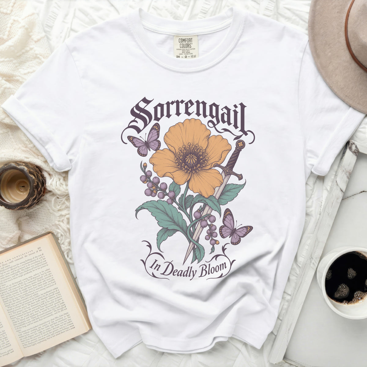 White t-shirt with Sorrengail floral sword and butterfly design.