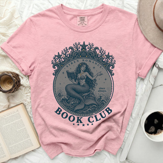Pink t-shirt with siren graphic and "Book Club" text.