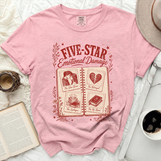 Pink t-shirt with "Five-Star Emotional Damage" and book chapter titles.
