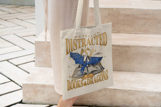 "Easily Distracted by Books & Dragons" Tote Bag