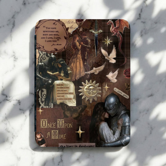 Collage with knights, dragons, doves, and text quotes.