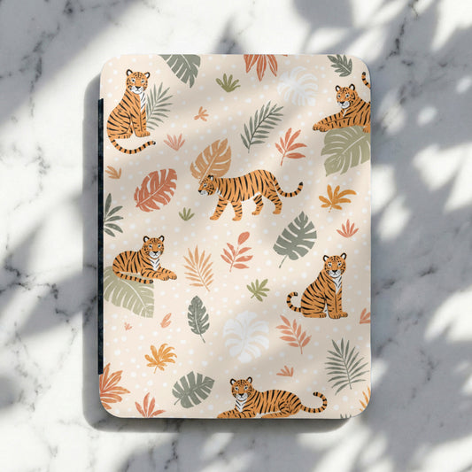 Tigers and palm leaf illustrations on a polka dot patterned surface.