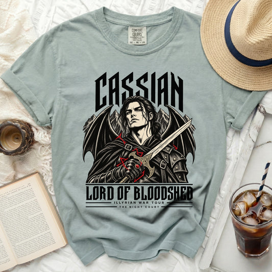 Cassian, Lord of Bloodshed, Illyrian War Tour, The Night Court graphic t-shirt.