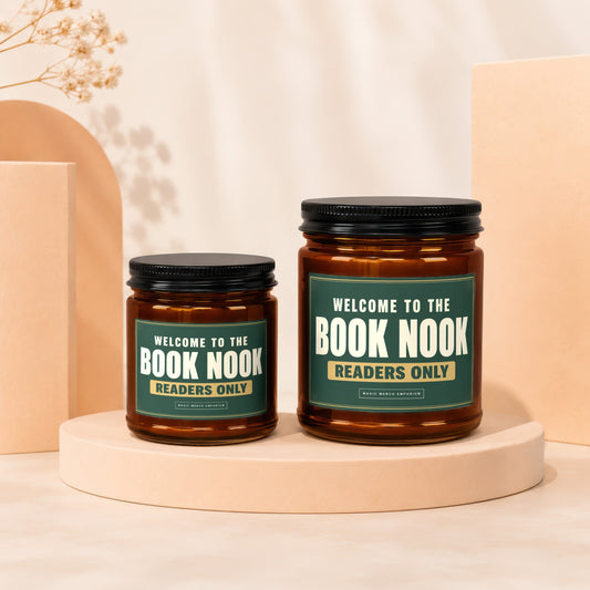 Two amber jars with black lids, labeled "Book Nook Readers Only".