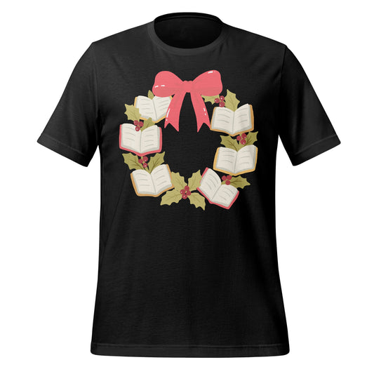 Festive Christmas Wreath with Books Bow T-Shirt