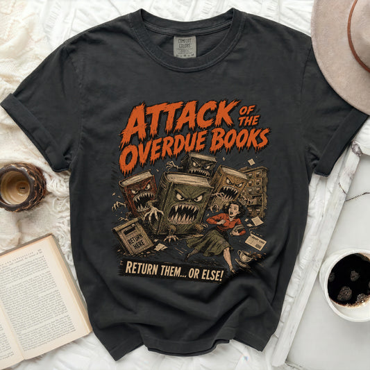 Attack of the Overdue Books graphic tee with vintage comic style.