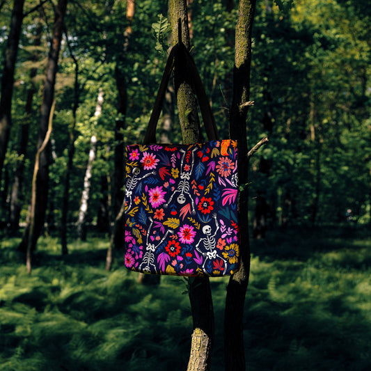 Floral Skeleton Woven Tote Bag - MagicMerchEmporium