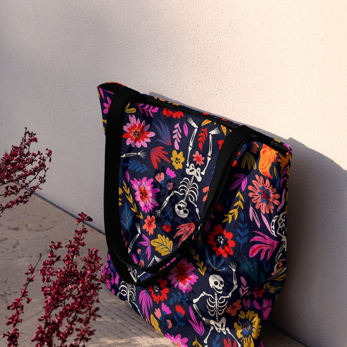 Floral Skeleton Woven Tote Bag