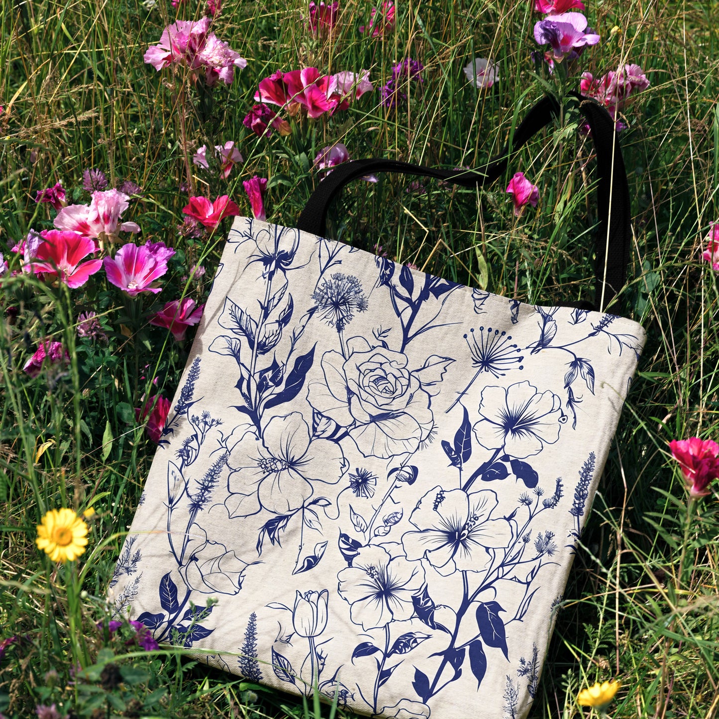 Blue Botanical Woven Tote Bag 🌿🌸