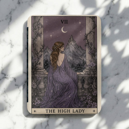 Tarot card "The High Lady" with Roman numeral VII and a crescent moon.