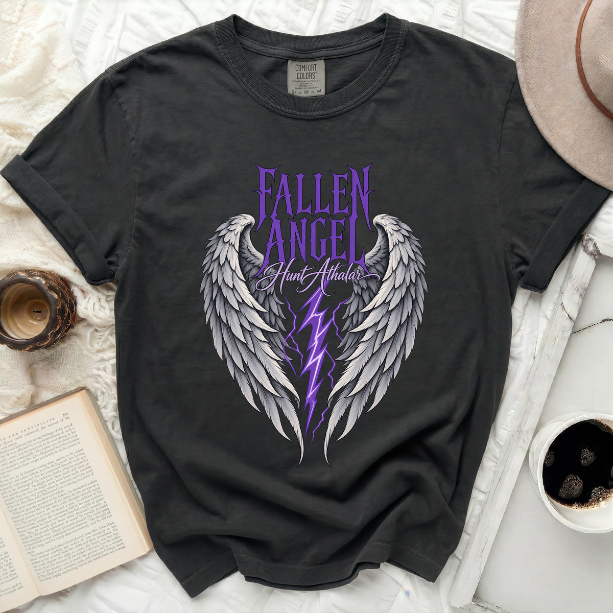 Dark gray t-shirt with purple "Fallen Angel Hunt Athalar" text and white wings.