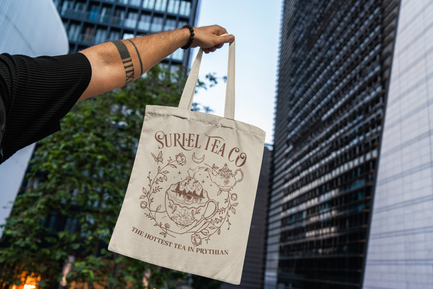 🌿 Suriel Tea Co. Tote Bag – “The Hottest Tea in Prythian” 🖤📚