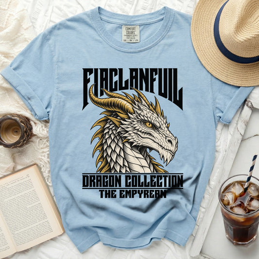 Light blue t-shirt with a dragon graphic and text "FIACLANFUIL" and "DRAGON COLLECTION THE EMPYREAN".