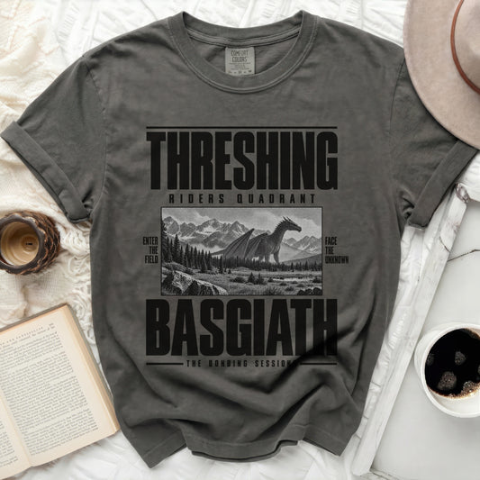 Grey t-shirt with black graphic: "THRESHING RIDERS QUADRANT BASGIATH THE BONDING SESSION" and dragon graphic.