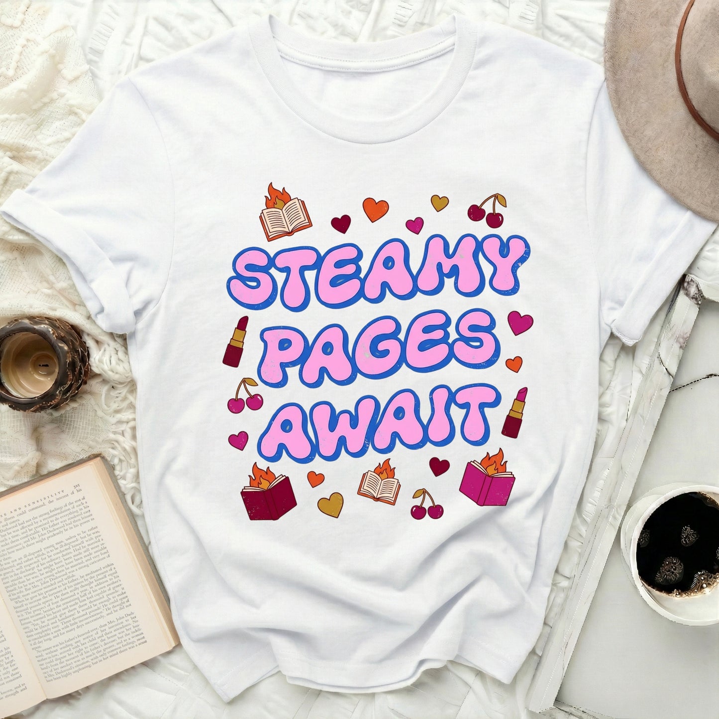 STEAMY PAGES AWAIT Bookish Romance Reader Print product type
Steamy Pages Await, Bookish, Reading Lover, Romance Novel, Graphic Tee, Bookworm Gift, Literary Print, Retro Design, Cute Hearts, Cherry Accents, Lipstick Art, Bibliophile, Cozy Reader, Book Club, Womens Apparel, Fun T-shirt, Novelty Shirt, Unique Design, Gift Idea, Pop Culture
