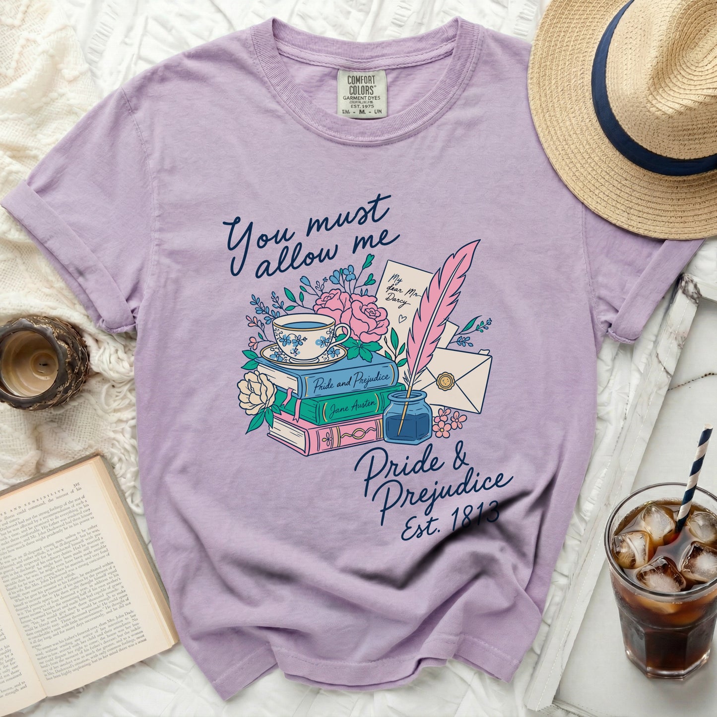 Lavender t-shirt with Pride & Prejudice books, teacup, quill, and quote.