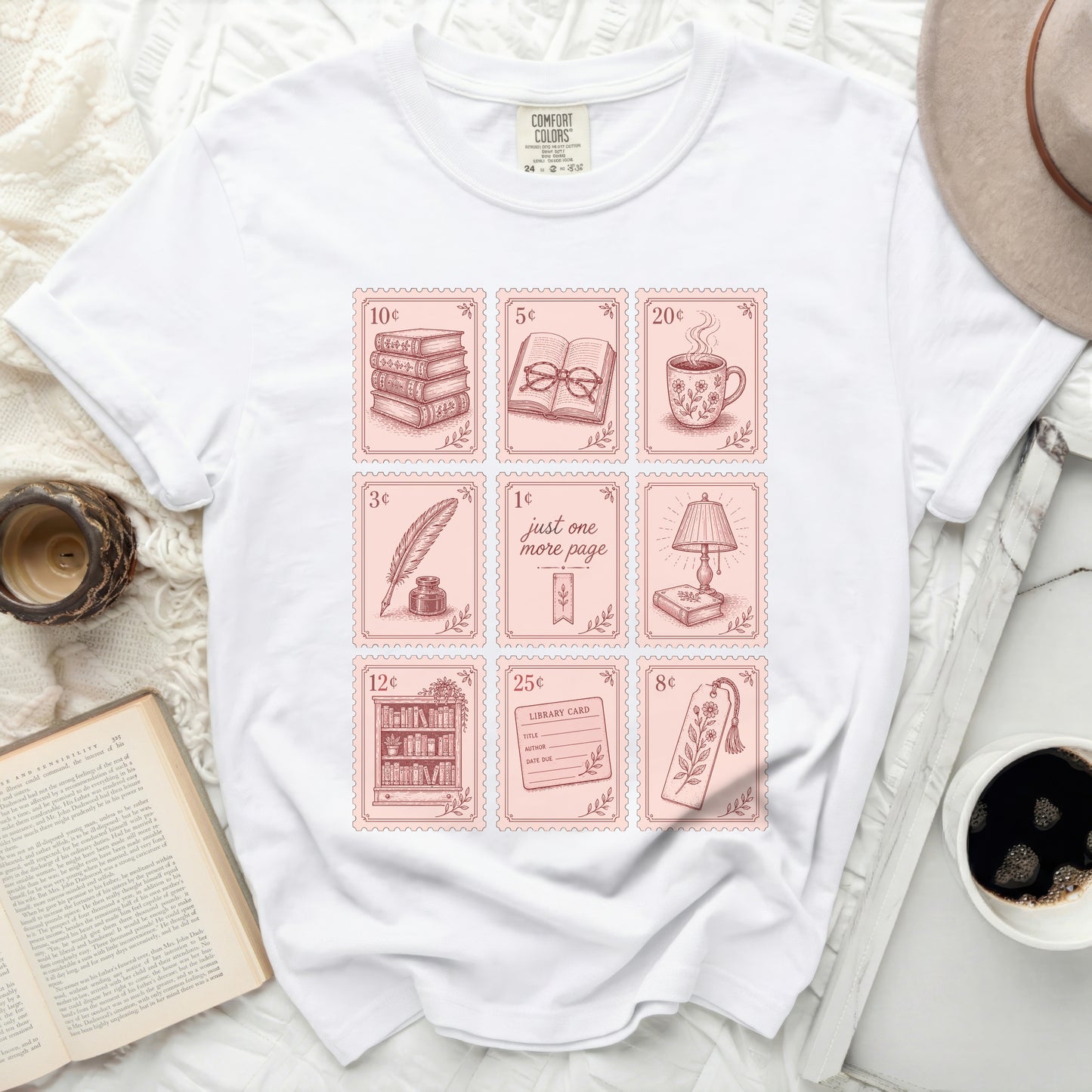 Comfort Colors t-shirt with book and reading themed graphic design.