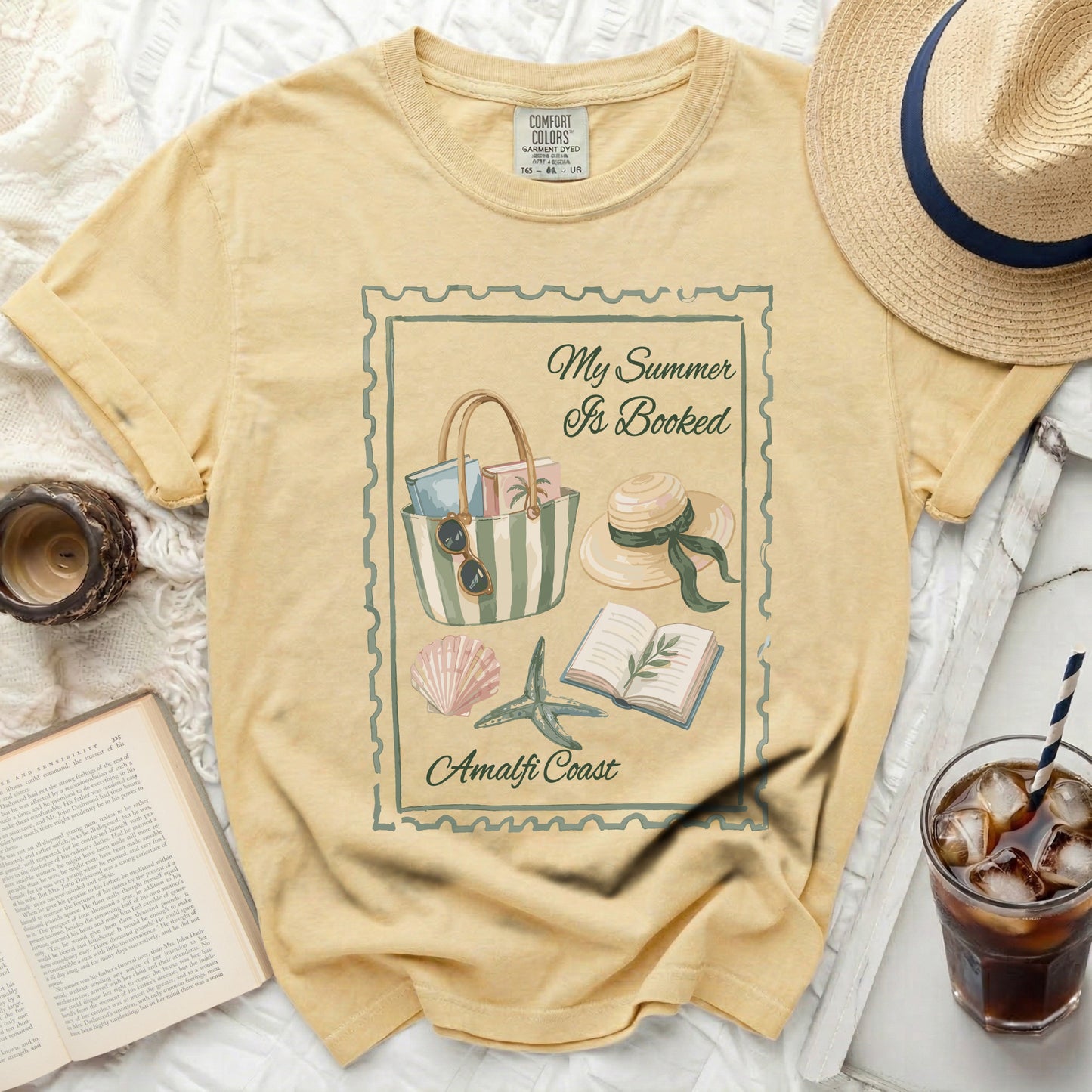 Yellow t-shirt with "My Summer Is Booked" and Amalfi Coast graphic.