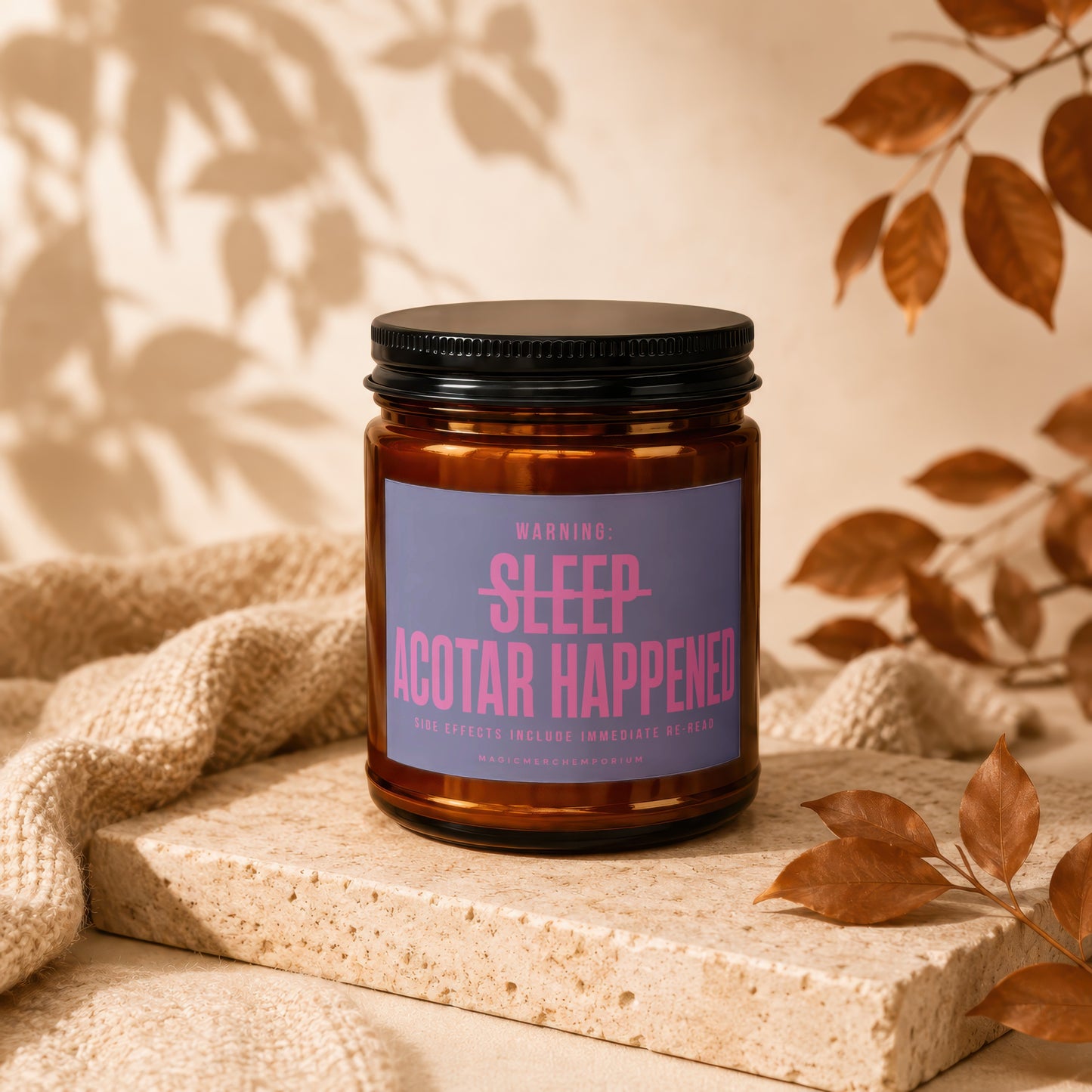Amber jar candle with purple label reading "Warning: Sleep Acotar Happened".