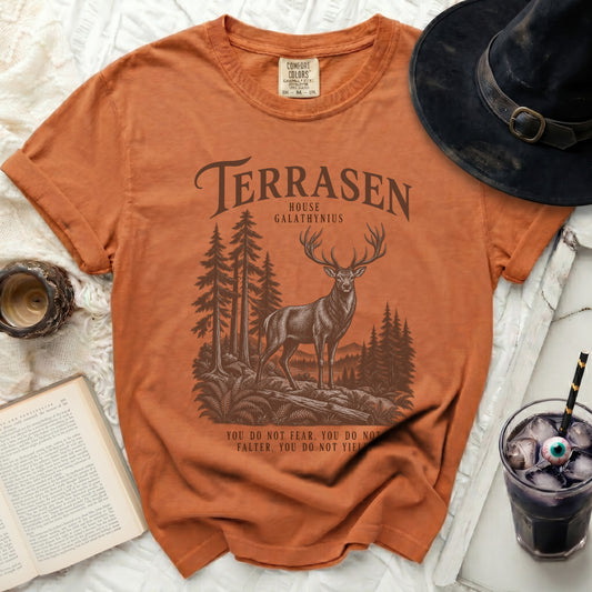 Terrasen House Galathynius t-shirt with a stag in a forest and quote.