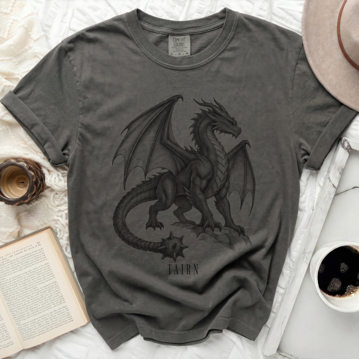 Dark gray t-shirt with a black dragon graphic and "TAIRN" text.