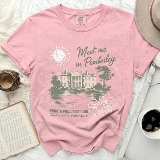 Pink t-shirt with "Meet me in Pemberley" and "Pride & Prejudice Club" graphic.