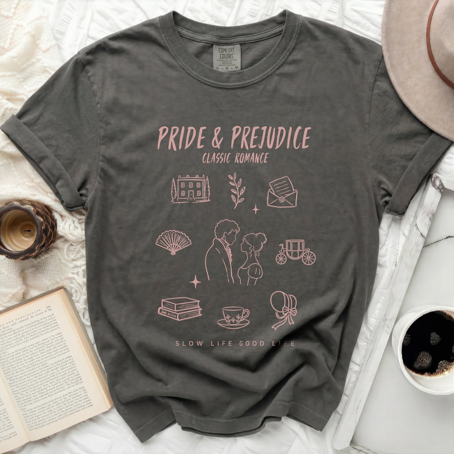 Dark grey t-shirt with "Pride & Prejudice Classic Romance" and line art.