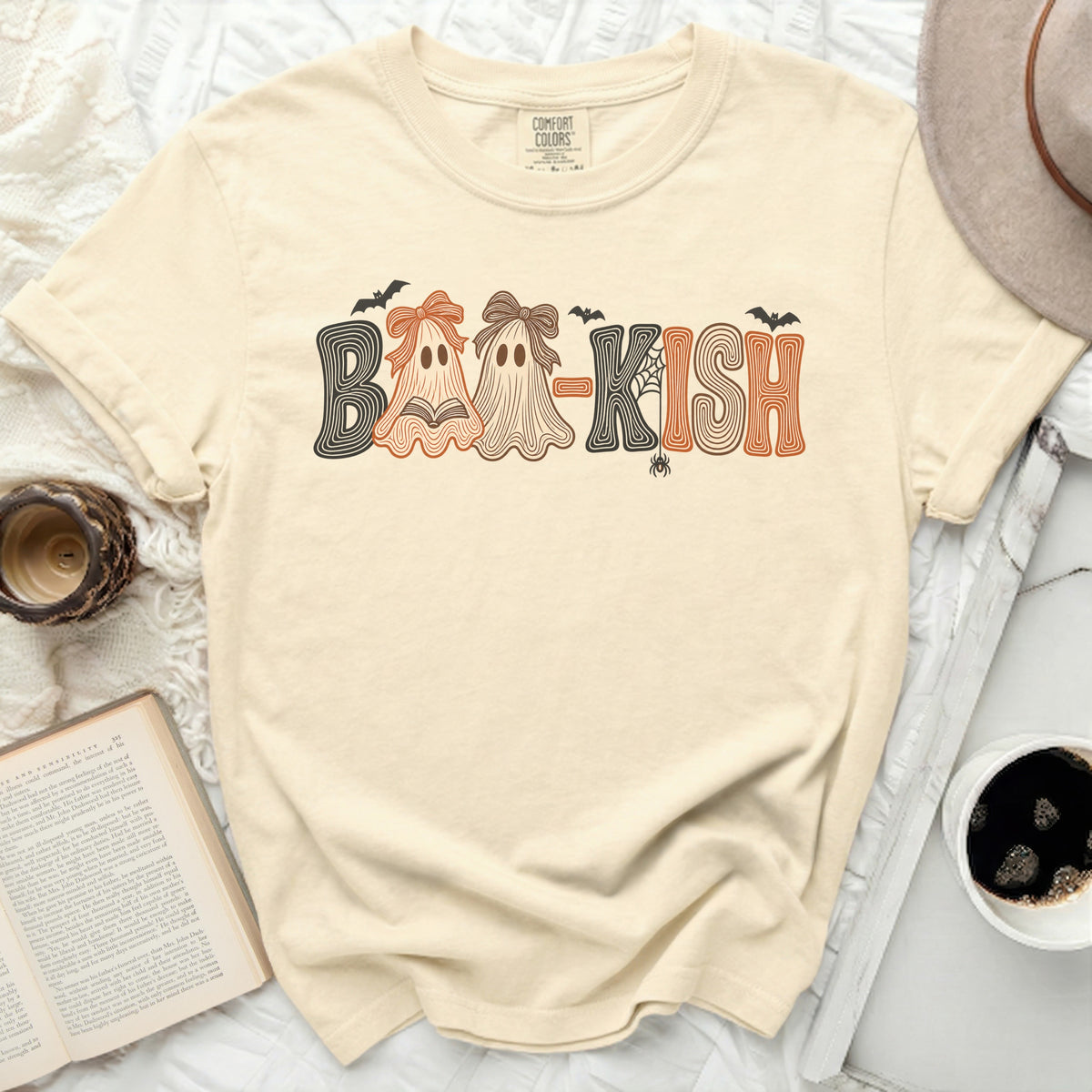 Cream t-shirt with "Boo-Kish" text and ghost graphics