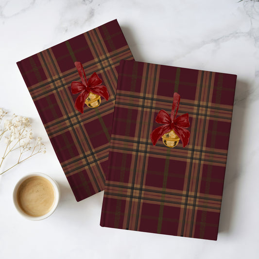 Festive Plaid Hardcover Notebook with Jingle Bell Design