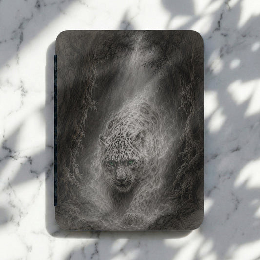 Pencil drawing of a snow leopard with green eyes emerging from a misty forest.