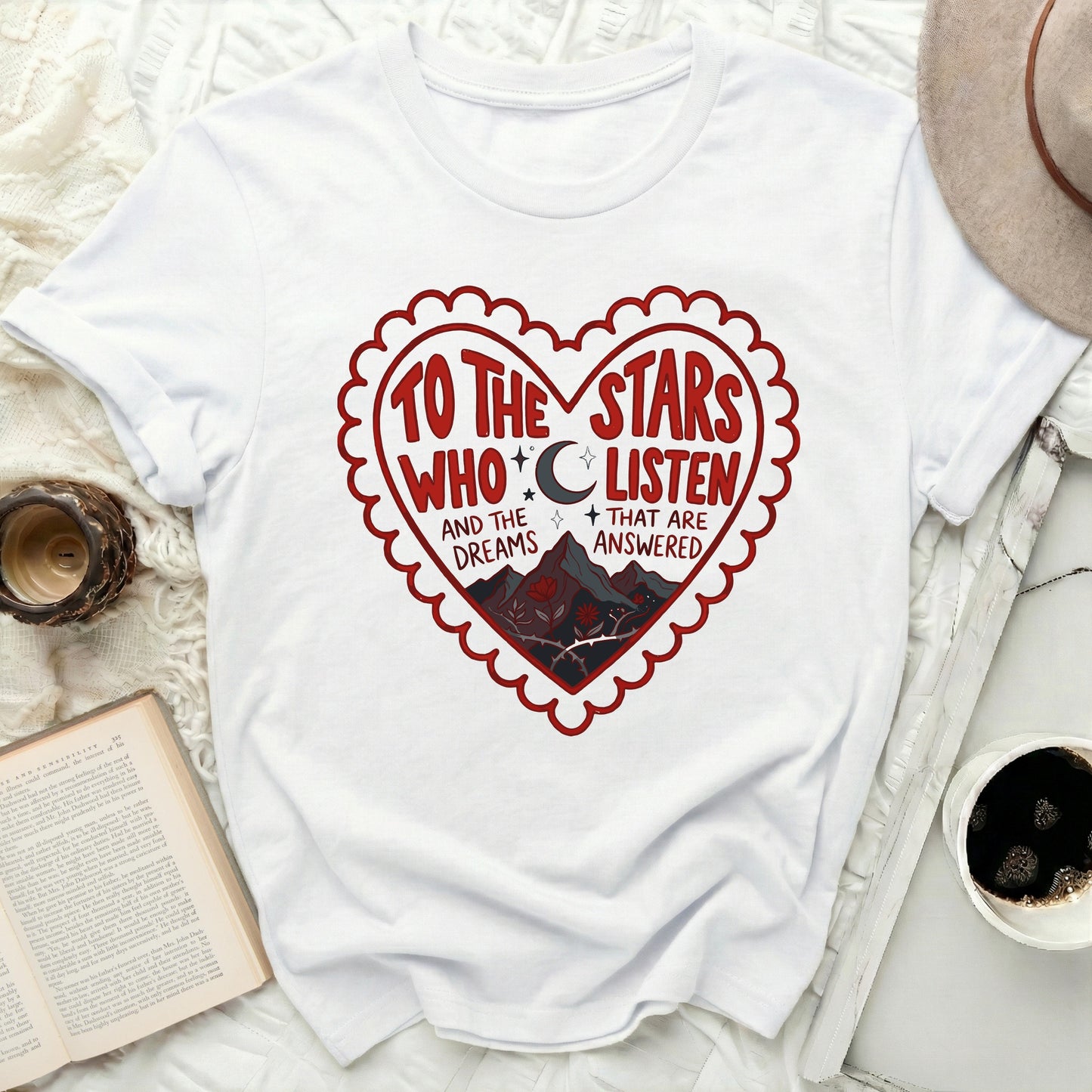 TO THE STARS WHO LISTEN AND THE DREAMS ANSWERED product type
Bookish
Fantasy
Stars
Moon
Dreams
Mountains
Heart
ACOTAR
SJM
Book Lover
Reader Gift
Fae Fantasy
Celestial
Quote Shirt
Red White
Night Sky
Scallop Edge
Inspirational
Magic
Acotar Gift