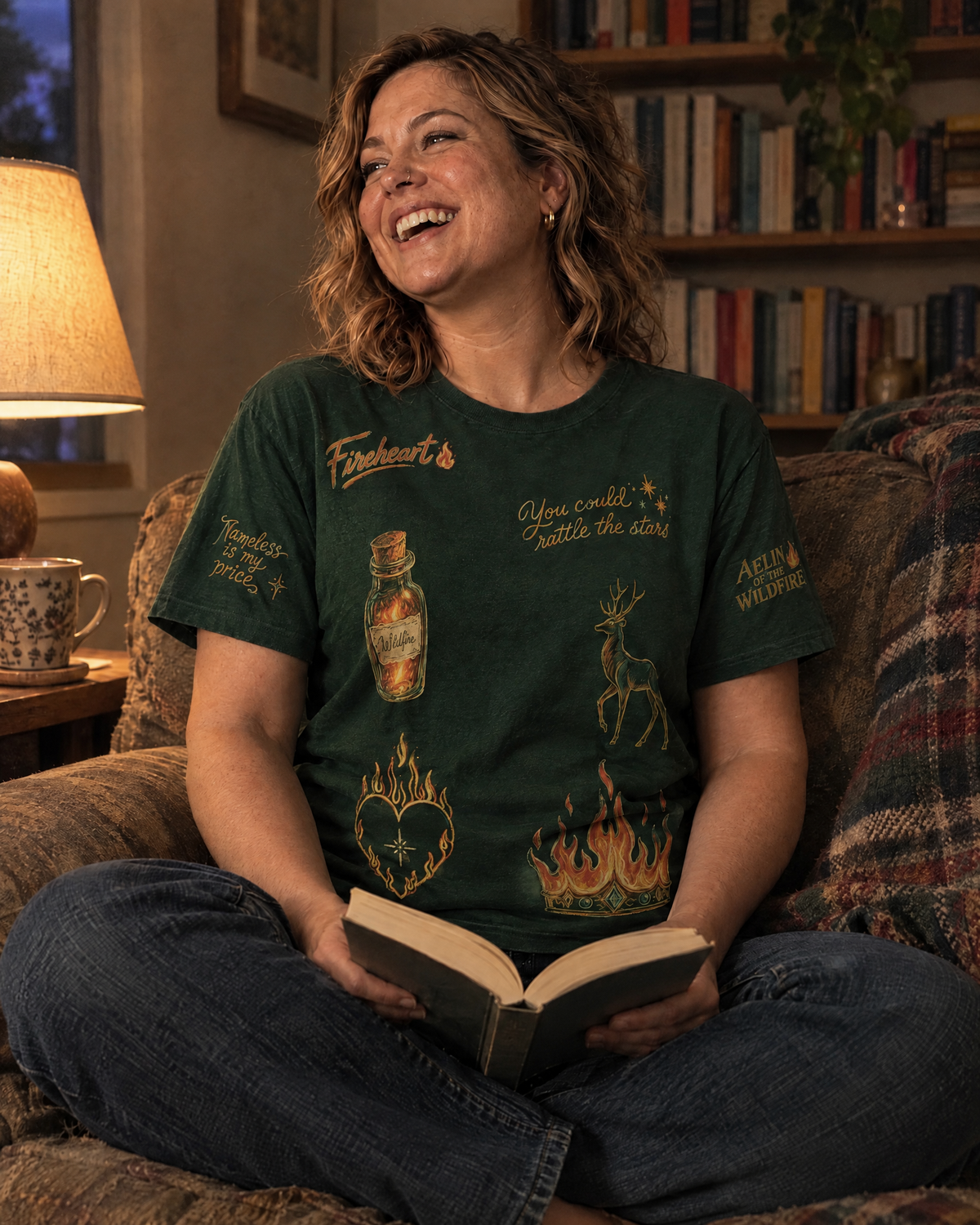 Aelin Fireheart Doodles Tee, reading on the sofa