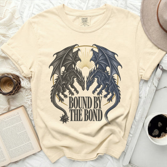 Cream t-shirt with two dragons facing each other, text "Bound by the Bond."